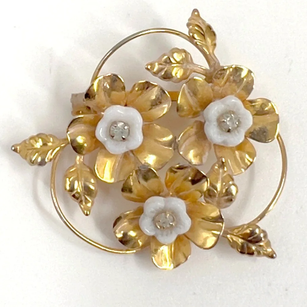 Vintage Made in Austria Gold Floral Brooch White Enamel Rhinestone Pin MCM